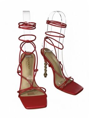 Fashion Nova Red Lace-Up Square Toe High Heels with Gold Sculpted Heel